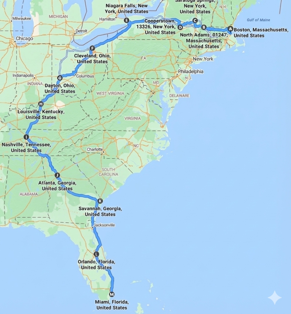 Road trip route from Boston to Miami